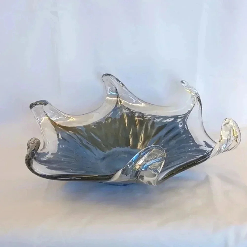 Hand Blown Murano Style Art Glass Bowl Dish Blue Metallic - Picture 2 of 5